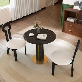 Modern Round Negotiation Table - 85cm Black Sintered Stone Top, Black Wooden Legs with Golden Metal Base(Only the Negotiation Table)