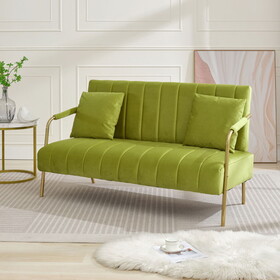 Modern Upholstered Velvet Loveseat Sofa: 60" Mid Century 2 Seater Sofa - Cashmere Sofa Couch with 2 Pillows - Gold Metal Legs - Small Spaces Bedroom Apartment Office Living Room (Olive Green)