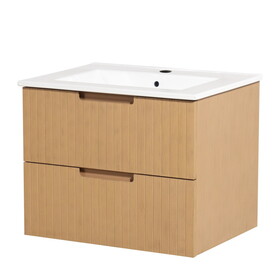 24 inch Floating Bathroom Vanity with Ceramic Sink, Modern Bath Storage Cabinet Vanity with Drawers Wall Mounted Combo Set for Bathroom, Light Brown W1550S00034