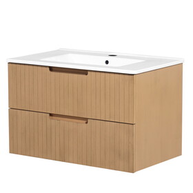 30 inch Floating Bathroom Vanity with Ceramic Sink, Modern Bath Storage Cabinet Vanity with Drawers Wall Mounted Combo Set for Bathroom, Light Brown W1550S00038