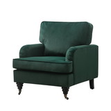 Velvet Accent Chair, Sofa Armchair with Casters, Mid-Century Modern Velvet Upholstered Comfort Oversized Armchair with Wooden Legs, Reading Chair, Living Room Chair, Dark Green
