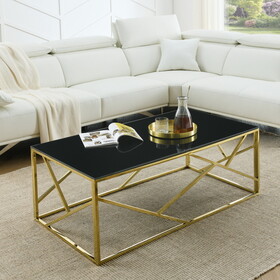 Modern Rectangular Coffee Accent Table with Black Tempered Glass Top and Stainless Steel Frame for Living Room Bedroom - Gold