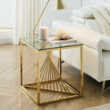 20 inch Modern Glass End Table with Geometric Metal Frame, Accent Table Nightstand Furniture Corner Table for Living Room,Home Office,Bedroom - Gold W1567110861