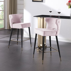 Woker Furniure Contemporary Velvet Upholstered Counter Height Stool with Gold Tipped, Black Metal Legs, 22" W x 19" D x 38.5" H, Light Pink