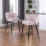 Contemporary Velvet Upholstered Counter Height Stool with Deep Channel Tufting and Gold Tipped, Black Metal Legs, 20