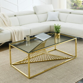 Modern Rectangular Coffee Accent Table with Clear Tempered Glass Top and Stainless Steel Frame for Living Room Bedroom - Gold W1567S00008