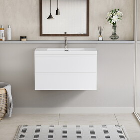 36" Floating Bathroom Vanity with Sink, Modern Wall-Mounted Bathroom Storage Vanity Cabinet with Resin Top Basin and Soft Close Drawers, Glossy White 24V11-36GW W1573P152685