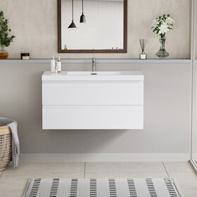 42" Floating Bathroom Vanity with Sink, Modern Wall-Mounted Bathroom Storage Vanity Cabinet with Resin Top Basin and Soft Close Drawers, Glossy White 24V11-42GW W1573P152686