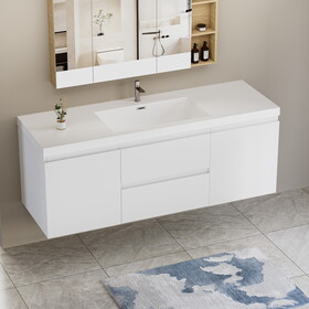 60" Floating Bathroom Vanity with Sink, Modern Wall-Mounted Bathroom Storage Vanity Cabinet with Resin Top Basin and Soft Close Drawers, Glossy White 24V11-60SGW W1573P152688