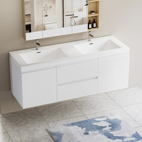 60" Floating Bathroom Vanity with Sink, Modern Wall-Mounted Bathroom Storage Vanity Cabinet with Double Resin Top Basin and Two Soft Close Drawers, Glossy White 24V11-60DGW W1573P152689