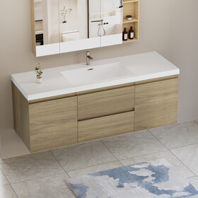 60" Floating Bathroom Vanity with Sink, Modern Wall-Mounted Bathroom Storage Vanity Cabinet with Resin Top Basin and Soft Close Drawers, Natural Oak 24V11-60SNO W1573P152704