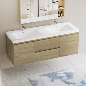 60" Floating Bathroom Vanity with Sink, Modern Wall-Mounted Bathroom Storage Vanity Cabinet with Double Resin Top Basins and Soft Close Drawers, Natural Oak 24V11-60DNO W1573P152706