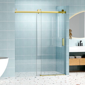 56" - 60" W x 76" H Frameless Soft-closing Single Sliding Shower Door, 1/4" (6mm) Tempered Glass with Explosion-proof Coating via Express Delivery, Gold 24D01-60GX W1573P203105
