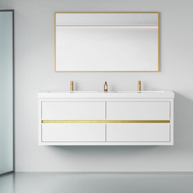 60" Wall-Mounted Bathroom Vanity with Sink, Floating Bathroom Storage Cabinet with Stone Resin Countertop and Soft Close Drawers, Glossy White 24V15-60DGW W1573P211176