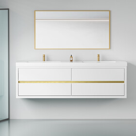 72" Wall-Mounted Bathroom Vanity with Double Sinks, Floating Bathroom Storage Cabinet with Stone Resin Countertop and Soft Close Drawers, Glossy White 24V15-72GW W1573P211181