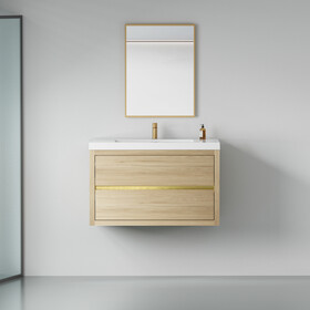 36" Wall-Mounted Bathroom Vanity with Sink, Floating Bathroom Storage Cabinet with Stone Resin Countertop and Soft Close Drawers, Natural Oak 24V15-36NO W1573P211185