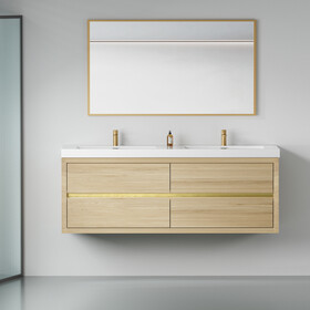 60" Wall-Mounted Bathroom Vanity with Double Sinks, Floating Bathroom Storage Cabinet with Stone Resin Countertop and Soft Close Drawers, Natural Oak 24V15-60DNO W1573P211187