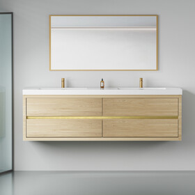 72" Wall-Mounted Bathroom Vanity with Sink, Floating Bathroom Storage Cabinet with Stone Resin Countertop and Soft Close Drawers, Natural Oak 24V15-72NO W1573P211189