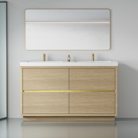 60" Freestanding Bathroom Vanity with Double Sinks, Bathroom Storage Vanity Cabinet with Stone Resin Countertop and Soft Close Drawers, Natural Oak 24V14-60DNO W1573P211192