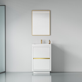 24" Freestanding Bathroom Vanity with Sink, Bathroom Storage Vanity Cabinet with Stone Resin Countertop and Soft Close Drawers, Glossy White 24V14-24GW W1573P211195
