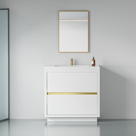 36" Freestanding Bathroom Vanity with Sink, Bathroom Storage Vanity Cabinet with Stone Resin Countertop and Soft Close Drawers, Glossy White 24V14-36GW W1573P211196