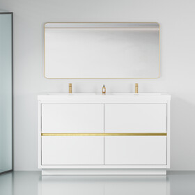 60" Freestanding Bathroom Vanity with Sink, Bathroom Storage Vanity Cabinet with Stone Resin Countertop and Soft Close Drawers, Glossy White 24V14-60DGW W1573P211197