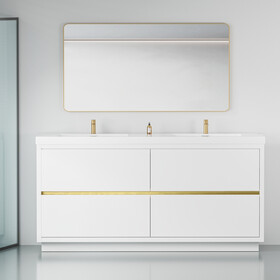 72" Freestanding Bathroom Vanity with Sink, Bathroom Storage Vanity Cabinet with Stone Resin Countertop and Soft Close Drawers, Glossy White 24V14-72GW W1573P211198