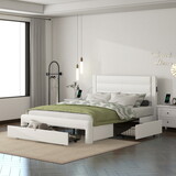 Queen Size Bed Frame with Drawers Storage, Leather Upholstered Platform Bed with Charging Station, White(Expection Arrived date Sep.30th)