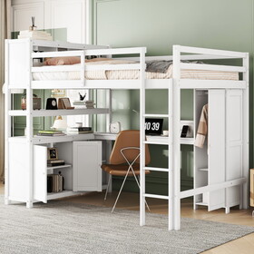 Wood Loft Bed with Cabinet and Bookshelf, Full Size Loft with Wardrobe and Desk for Kids,White (Expect Arrival Date 2024/8/25) W1580S00029