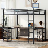 Full Metal Loft Bed with Desk and Shelves, Loft Bed with Ladder and Guardrails, Loft Bed Frame for Bedroom, Black with Vintage Wood-colored desk W1580S00040