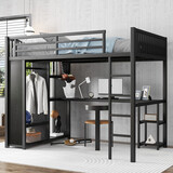 Full XL Size Loft Bed Frame with Built-in Wardrobe, Metal Loft Bed with Desk and Storage Shelves, Black