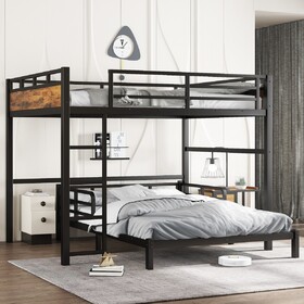 Queen over Queen Metal Bunk Bed/Metal Loft Bed and Metal Platform Beds,with raised security fence,Vintage Wood-colored