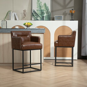 COOLMORE Counter Height Bar Stools Set of 2, Modern Barrel Bar Stool with Backrest and Arms, Black Metal Frames, Upholstered Bar Stools for Kitchen Island, Pub, Club W1588P191204