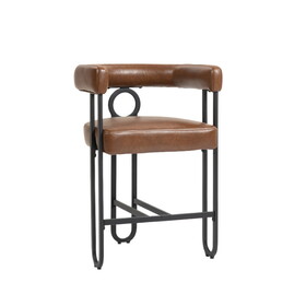 COOLMORE Bar Stools Set of 2, Modern Bar Stool with Back, Black Metal Frames, Upholstered Bar Stools for Kitchen Island, Pub, Club (Light Brown PU) W1588P194936