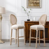French Country Wooden Barstools Rattan Back with Upholstered Seating, Beige and Natural,Set of 2 W162290987