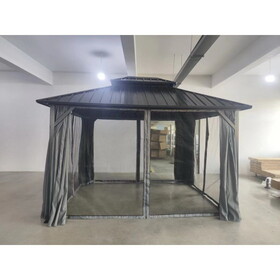 12x12ft Gazebo Double Roof Canopy with Netting and Curtains, Outdoor Gazebo 2-Tier Hardtop Galvanized Iron Aluminum Frame Garden Tent for Patio, Backyard, Deck and Lawns W1650S00017
