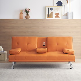 67" Orange Leather Multifunctional Double Folding Sofa Bed for Office with Coffee Table