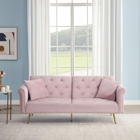69.7" Pink velvet nail head sofa bed with throw pillow and midfoot