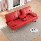 67-inch Red Leather Multifunctional Double Folding Sofa Bed with Coffee Table for Office Use W1658P375657