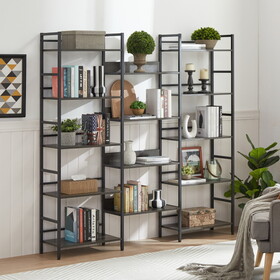 Triple Wide 5-shelf Bookshelves Industrial Retro Wooden Style Home and Office Large Open Bookshelves, Dark Grey, 69.3"W x 11.8"D x 70.1"H W1668102868