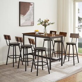 Pub High Dining Table 7 Piece Set, Industrial Style Pub Table, 6 PU Leather Bar Chairs for Kitchen Breakfast Table, Living Room, Bar, Rustic Brown, 47.2"L x 23.6"W x 35.4"H W1668P151558
