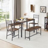 Dining Table Set, Barstool Dining Table with 2 Benches 2 Back Chairs, Industrial Dining Table for Kitchen Breakfast Table, Party Room, Rustic Brown and Black, 43.3