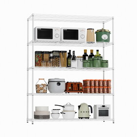 5 tiers of heavy-duty adjustable shelving and racking with a 300 lb. weight capacity per wire shelf for warehouses, supermarkets, kitchens, etc. 59.45"L X 24.02"W X 71.65"H,White