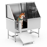 Pet Bathtub - 50 inch Professional Dog Rinse Station (Left Side Ramp) with Faucet, Leash and Other Accessories, Adjustable Legs, Pet Wash Station for Dogs of All Sizes,50.2