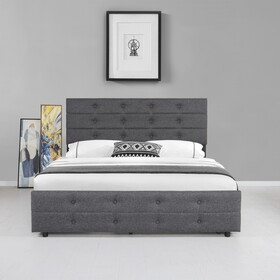 Queen Size Upholstered Linen Fabric Trundle bed with drawers Grey W1670S00018