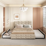 Queen Size Upholstered Platform Bed with Twin Trundle and 2 Storage Drawers Underneath, Linen Fabric with Wood Slat, for Bedroom,Light Beige
