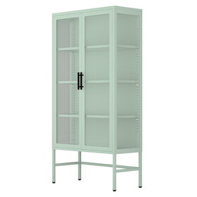 Double Glass Door Storage Cabinet with Adjustable Shelves and Feet Cold-Rolled Steel Sideboard Furniture for Living Room Kitchen Mint green W1673106107