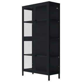 Four Glass Door Storage Cabinet with Adjustable Shelves and Feet Cold-Rolled Steel Sideboard Furniture for Living Room Kitchen Black W1673106108