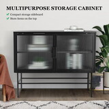 Double Door Tempered Glass Sideboard Console Table with 2 Fluted Glass Doors Adjustable Shelf and Feet Anti-Tip Dust-free Kitchen Credenza Cabinet Black W1673127674
