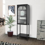 Stylish Tempered Glass High Cabinet with Arched Door Adjustable Shelves and Feet Anti-Tip Dust-free Fluted Glass Kitchen Credenza Black W1673127678